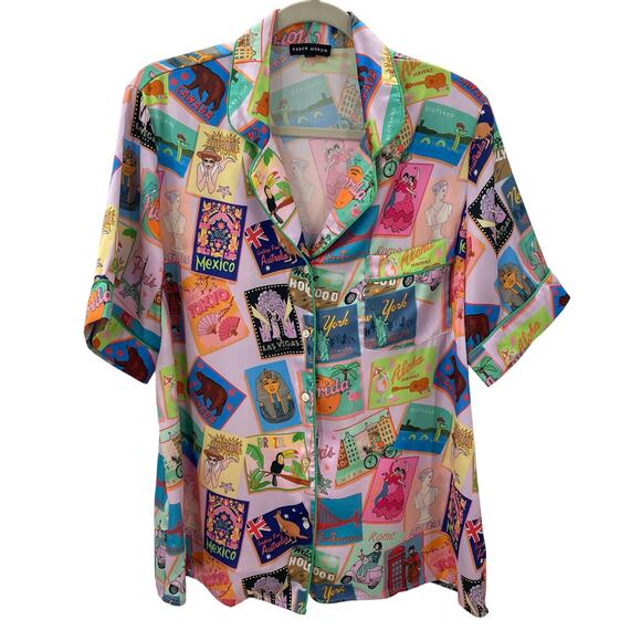 Anthropologie Karen Maben M Short Sleeve Postcard Pajama Set Satin Lounge - Picture 4 of 16